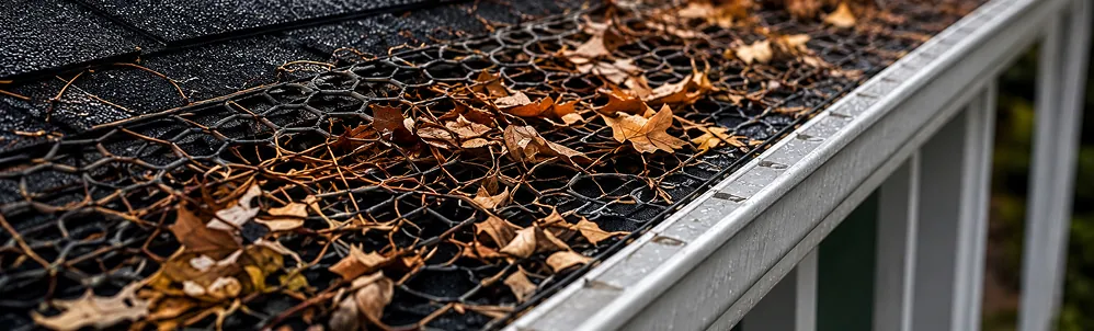 Gutter clogged with leaves before cleaning